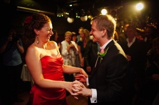 red dress bride dancing